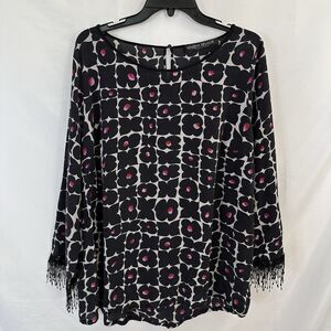 MARINA RINALDI 100% SILK Blouse Abstract Floral 3/4 Sleeve Fringe Italy